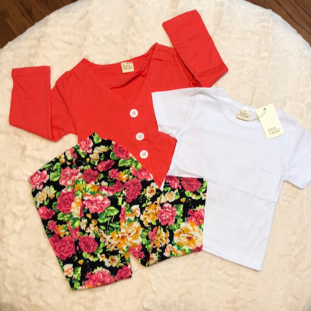 Three piece sweater, t-shirt and floral leggings